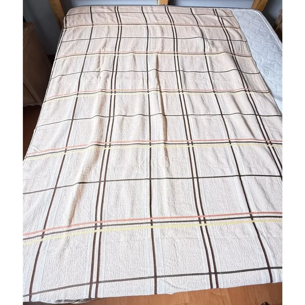 Vintage 1970s Sears Toughcord Twin Bedspread 76x110 Beige Brown Orange Stripe